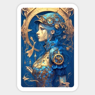 Steampunk Golden Blue Woman - A fusion of old and new technology Sticker